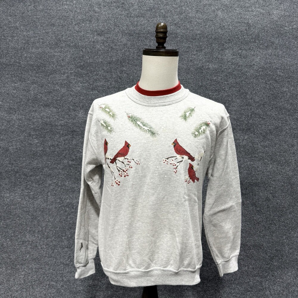 Vintage 90s Cardinal Birds Christmas Sweatshirt PFI Fashions Gray Red Small